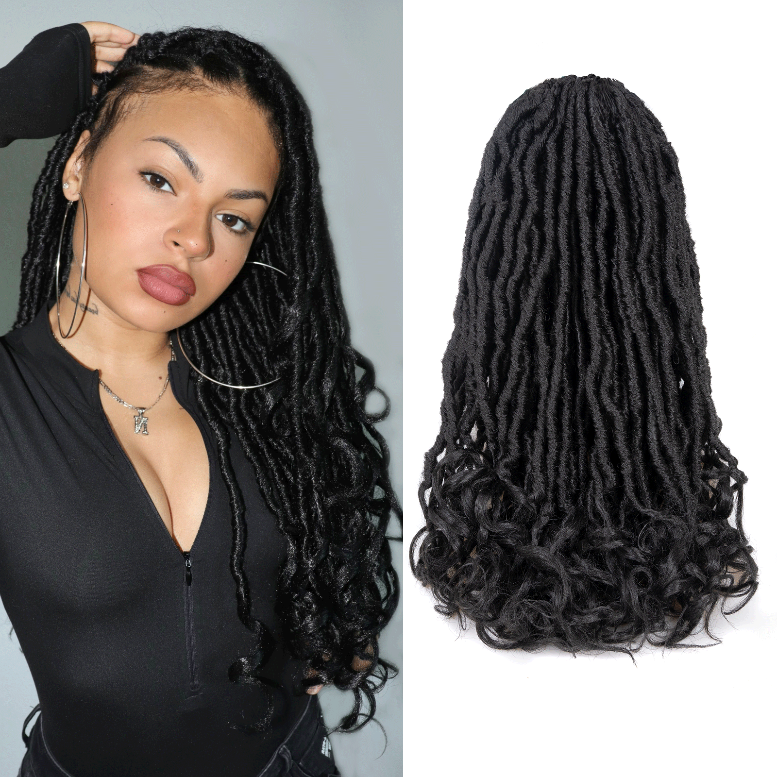 ( US ONLY) FAST SHIPPING FC | Toyotress French Curl Locs Crochet Hair Curly Faux Locs 8 Packs Black Pre-Looped Crochet Hair with Curly ends Crochet Hair with Soft Curly Wave Ends Hair Extensions