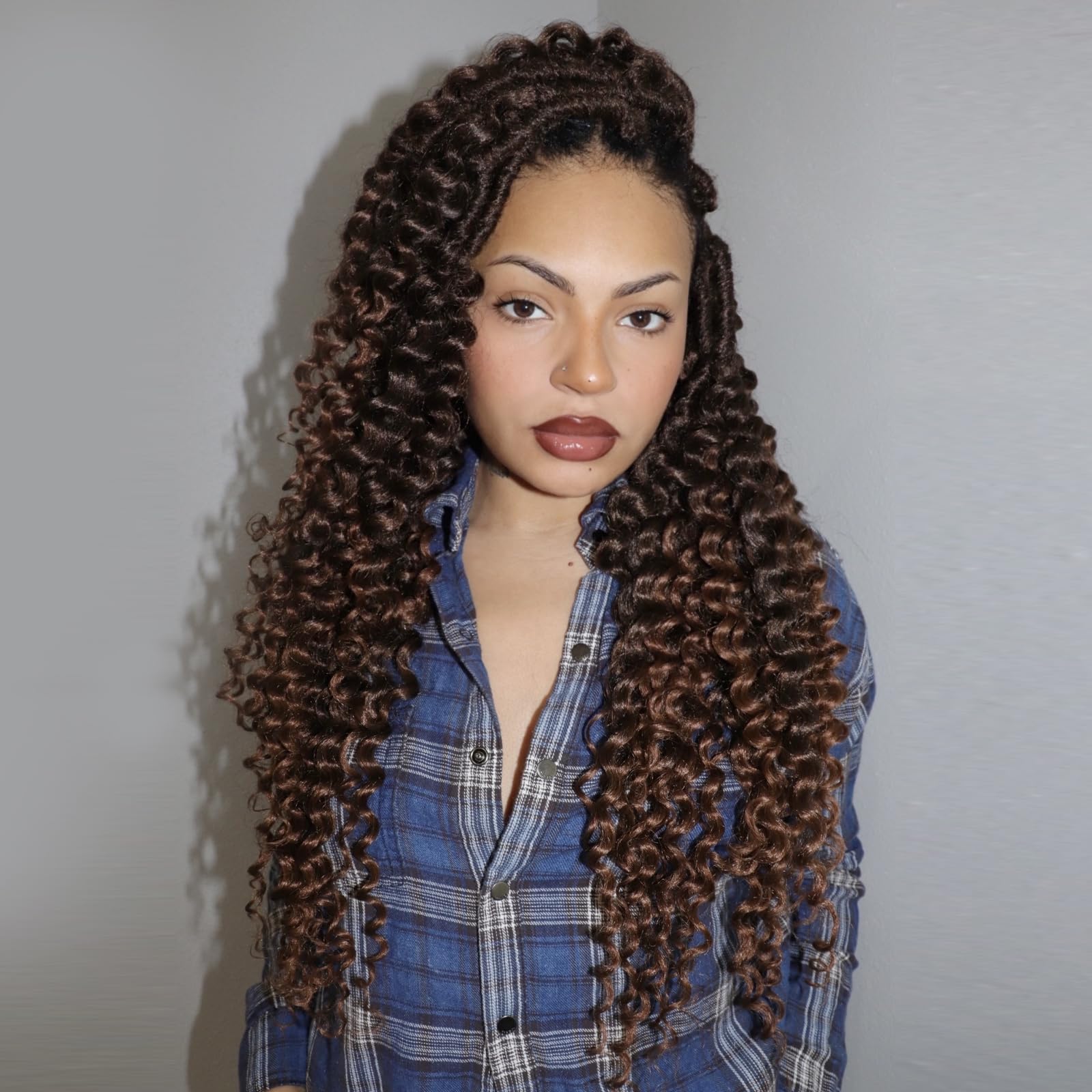 ( US ONLY) FAST SHIPPING DTL | Toyotress Deep Wave Locs Crochet Hair - Curly Faux Locs Crochet Hair, Ombre Brown Ocean Wave Locs Pre-Looped Short Soft Locs Braiding Hair