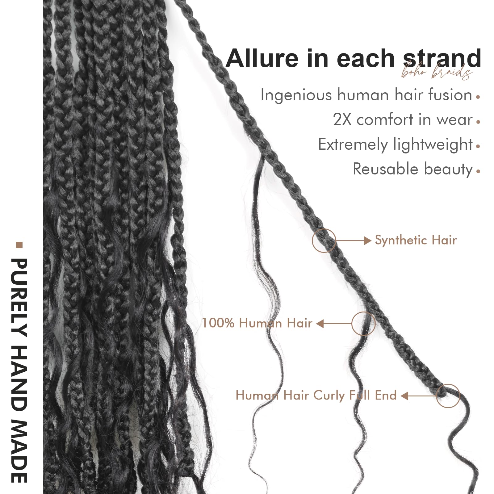 ( US ONLY) FAST SHIPPING HB | Toyotress Boho Box Braids With Human Hair Curls - Handmade Pre-Looped Crochet Human Hair Boho Box Braids, Ombre Brown CrochetBraids Braiding Hair (96 Strands In All)