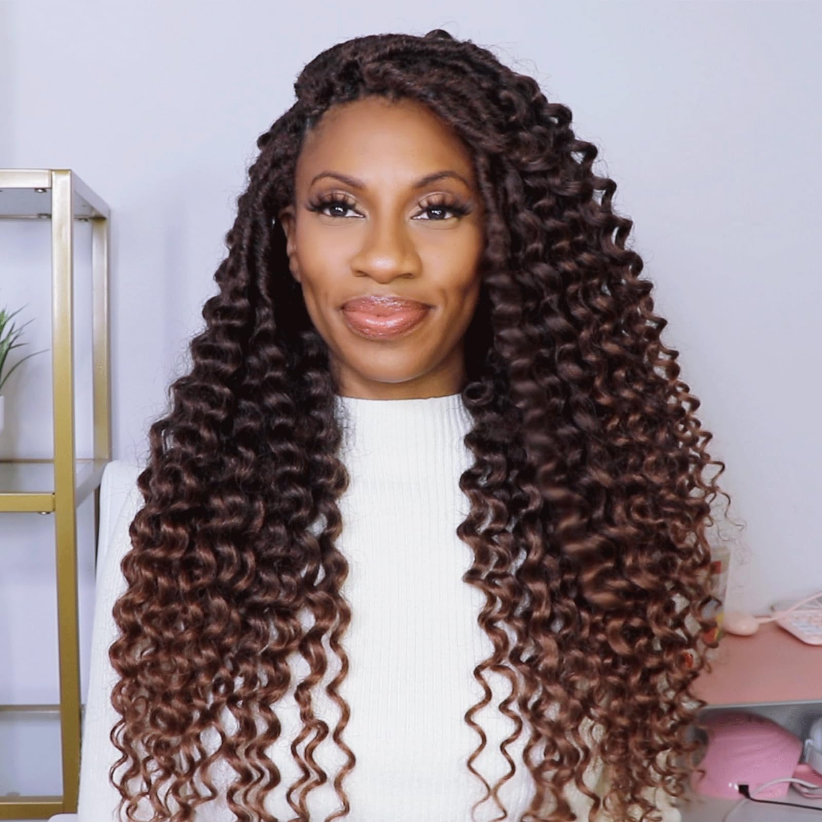 ( US ONLY) FAST SHIPPING DTL | Toyotress Deep Wave Locs Crochet Hair - Curly Faux Locs Crochet Hair, Ombre Brown Ocean Wave Locs Pre-Looped Short Soft Locs Braiding Hair