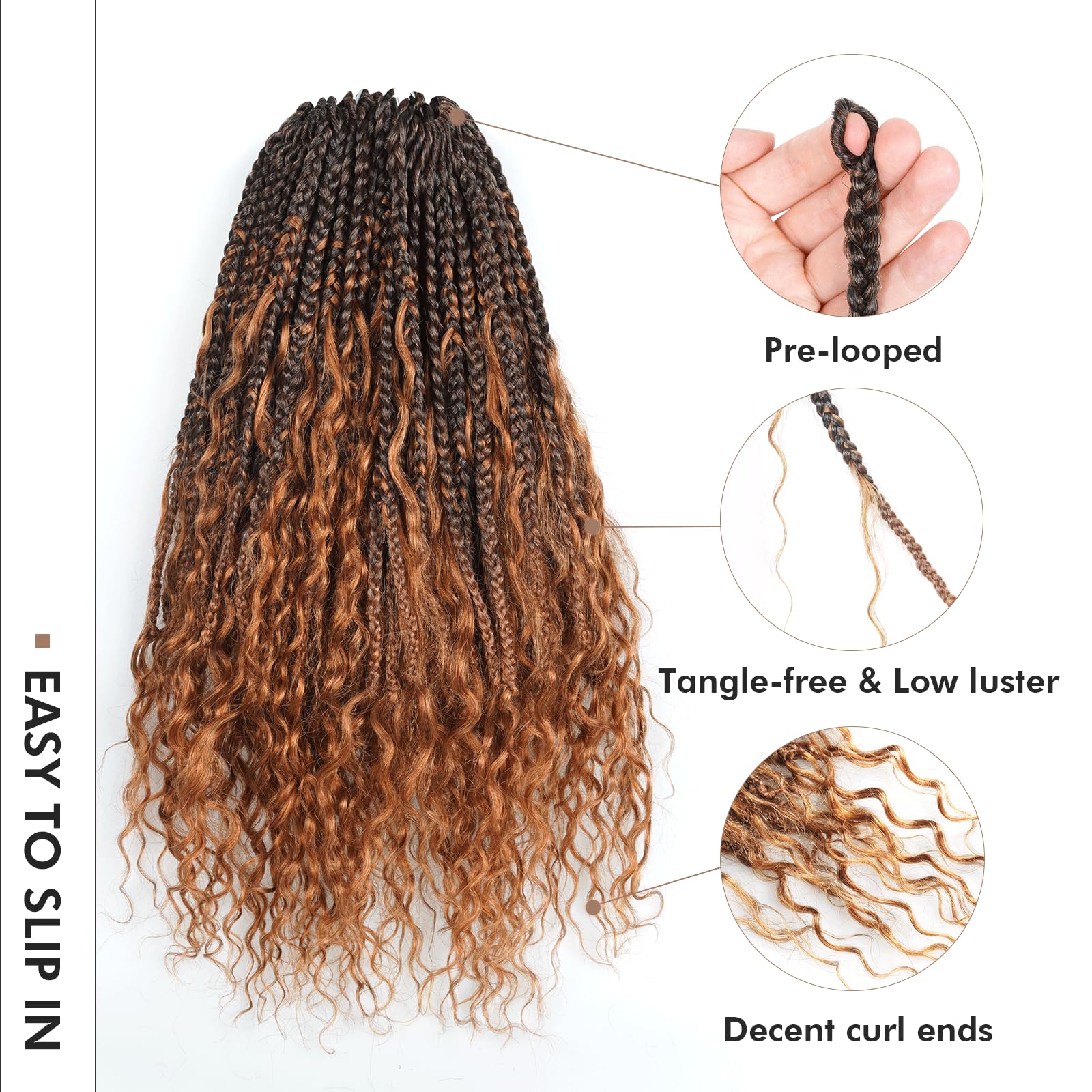 ( US ONLY) FAST SHIPPING HB | Toyotress Boho Box Braids With Human Hair Curls - Handmade Pre-Looped Crochet Human Hair Boho Box Braids, Ombre Brown CrochetBraids Braiding Hair (96 Strands In All)