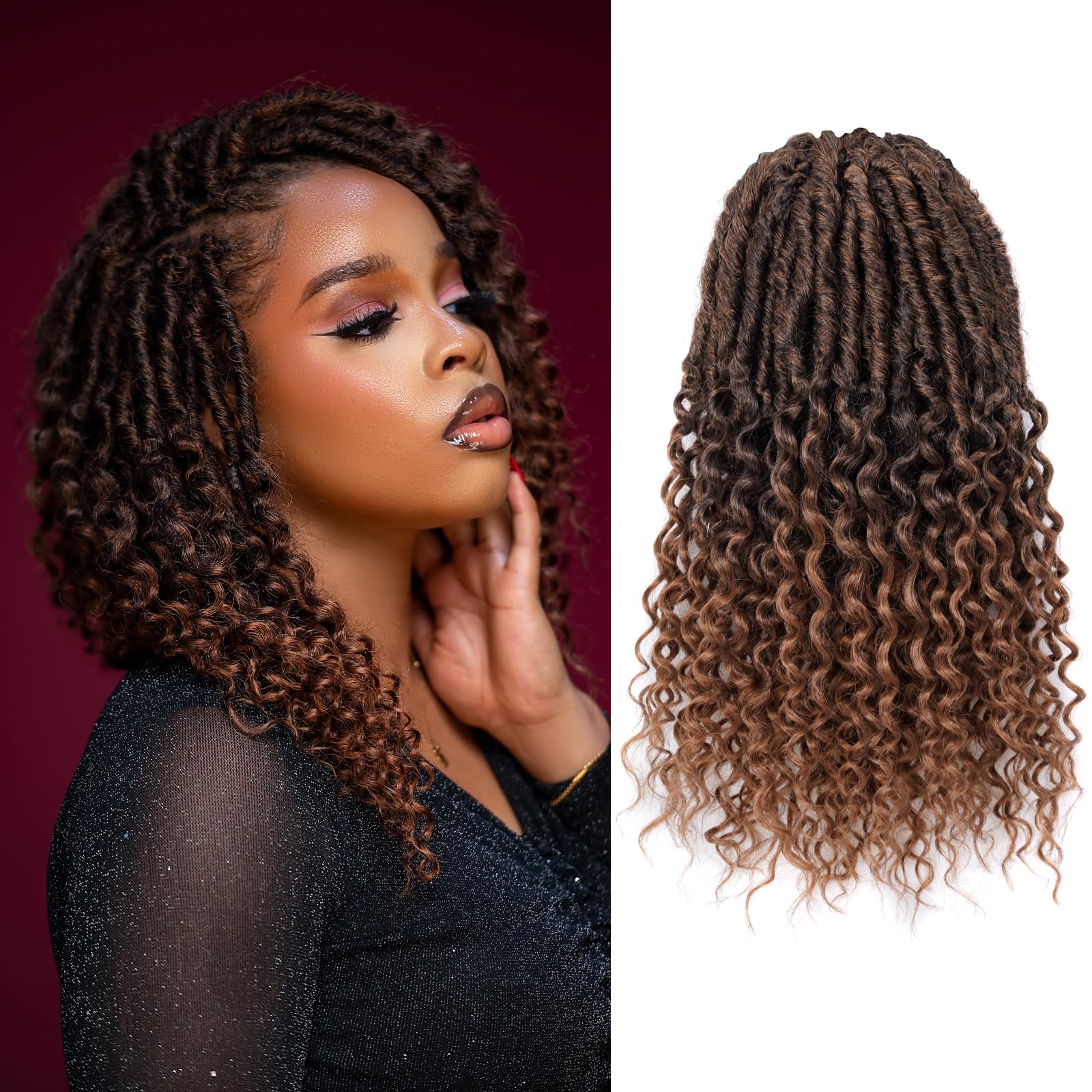 ( US ONLY) FAST SHIPPING DTL | Toyotress Deep Wave Locs Crochet Hair - Curly Faux Locs Crochet Hair, Ombre Brown Ocean Wave Locs Pre-Looped Short Soft Locs Braiding Hair