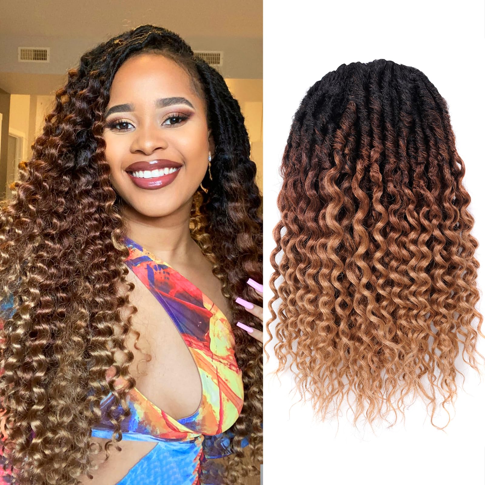 ( US ONLY) FAST SHIPPING DTL | Toyotress Deep Wave Locs Crochet Hair - Curly Faux Locs Crochet Hair, Ombre Brown Ocean Wave Locs Pre-Looped Short Soft Locs Braiding Hair