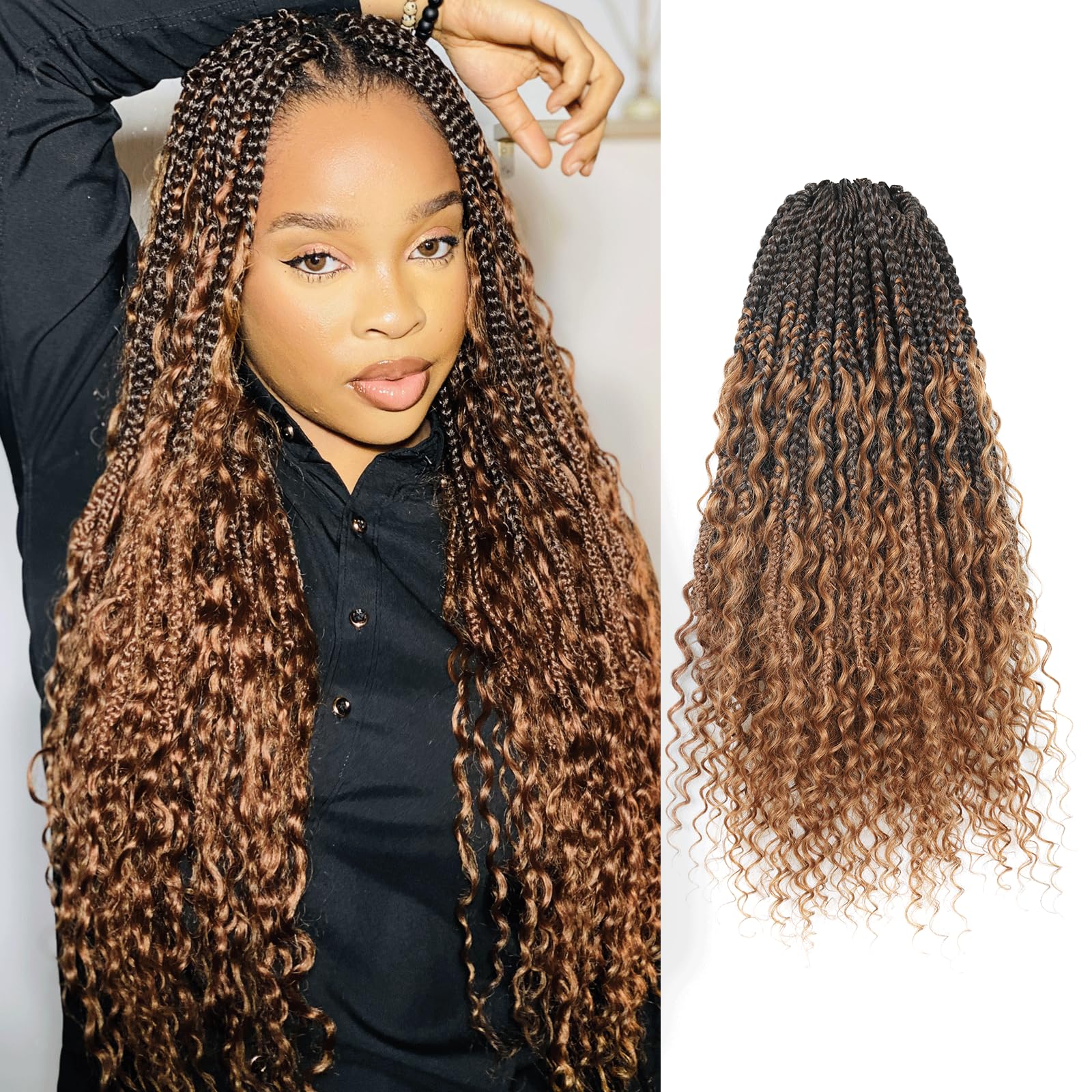 ( US ONLY) FAST SHIPPING HB | Toyotress Boho Box Braids With Human Hair Curls - Handmade Pre-Looped Crochet Human Hair Boho Box Braids, Ombre Brown CrochetBraids Braiding Hair (96 Strands In All)