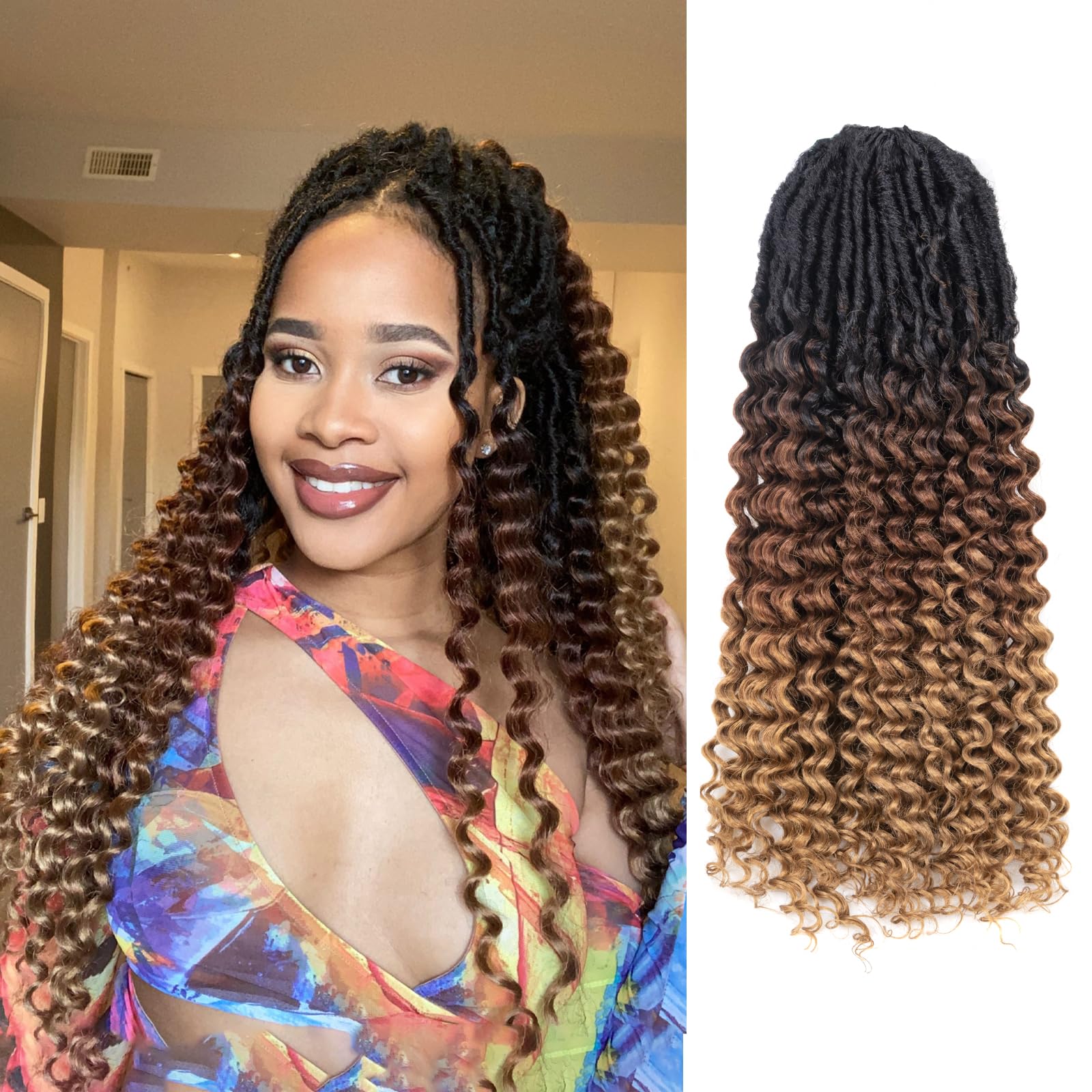 ( US ONLY) FAST SHIPPING DTL | Toyotress Deep Wave Locs Crochet Hair - Curly Faux Locs Crochet Hair, Ombre Brown Ocean Wave Locs Pre-Looped Short Soft Locs Braiding Hair