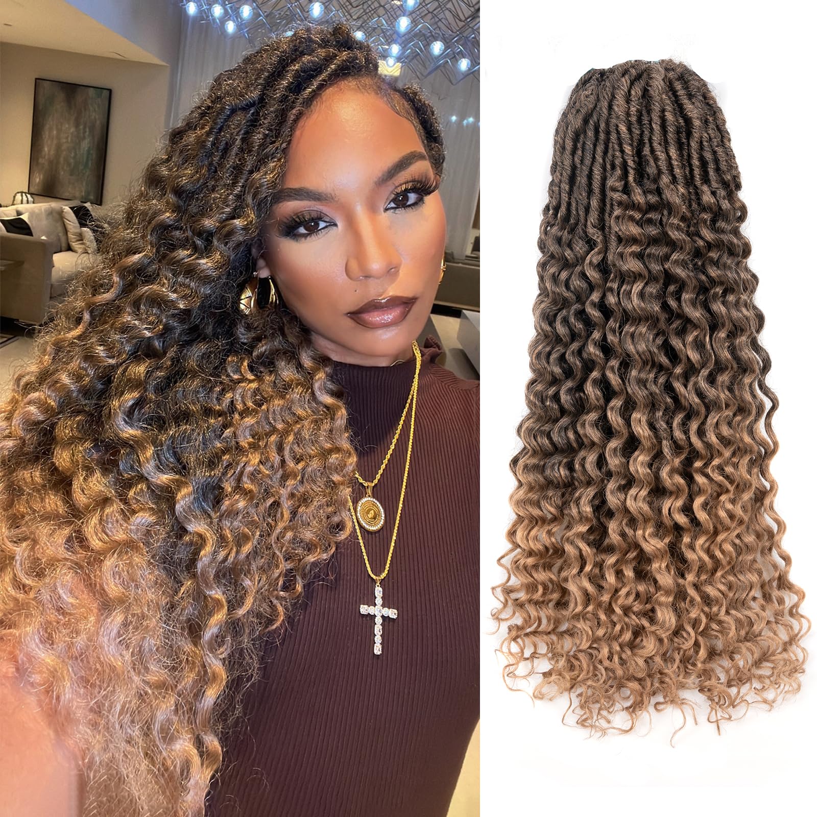 ( US ONLY) FAST SHIPPING DTL | Toyotress Deep Wave Locs Crochet Hair - Curly Faux Locs Crochet Hair, Ombre Brown Ocean Wave Locs Pre-Looped Short Soft Locs Braiding Hair