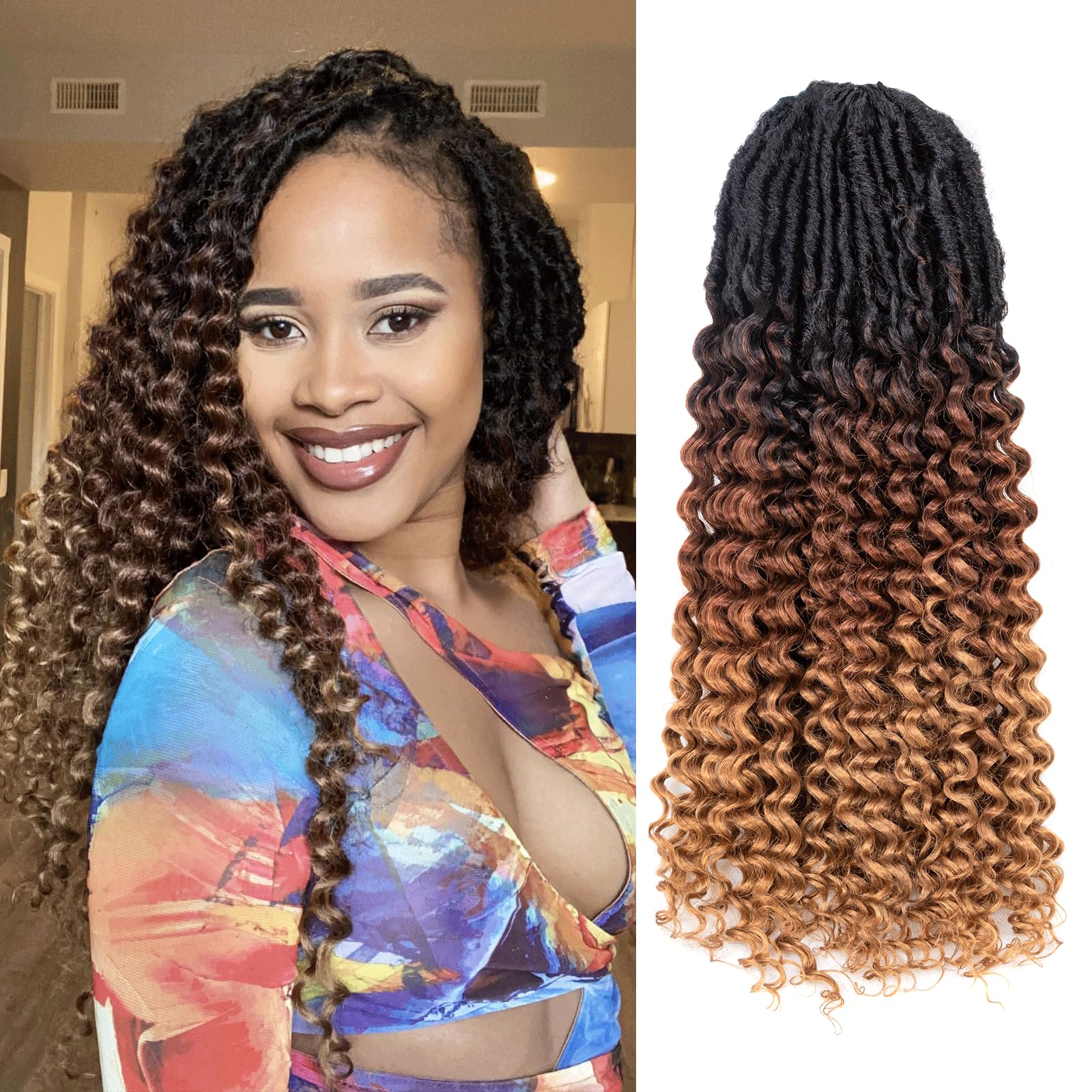 ( US ONLY) FAST SHIPPING DTL | Toyotress Deep Wave Locs Crochet Hair - Curly Faux Locs Crochet Hair, Ombre Brown Ocean Wave Locs Pre-Looped Short Soft Locs Braiding Hair