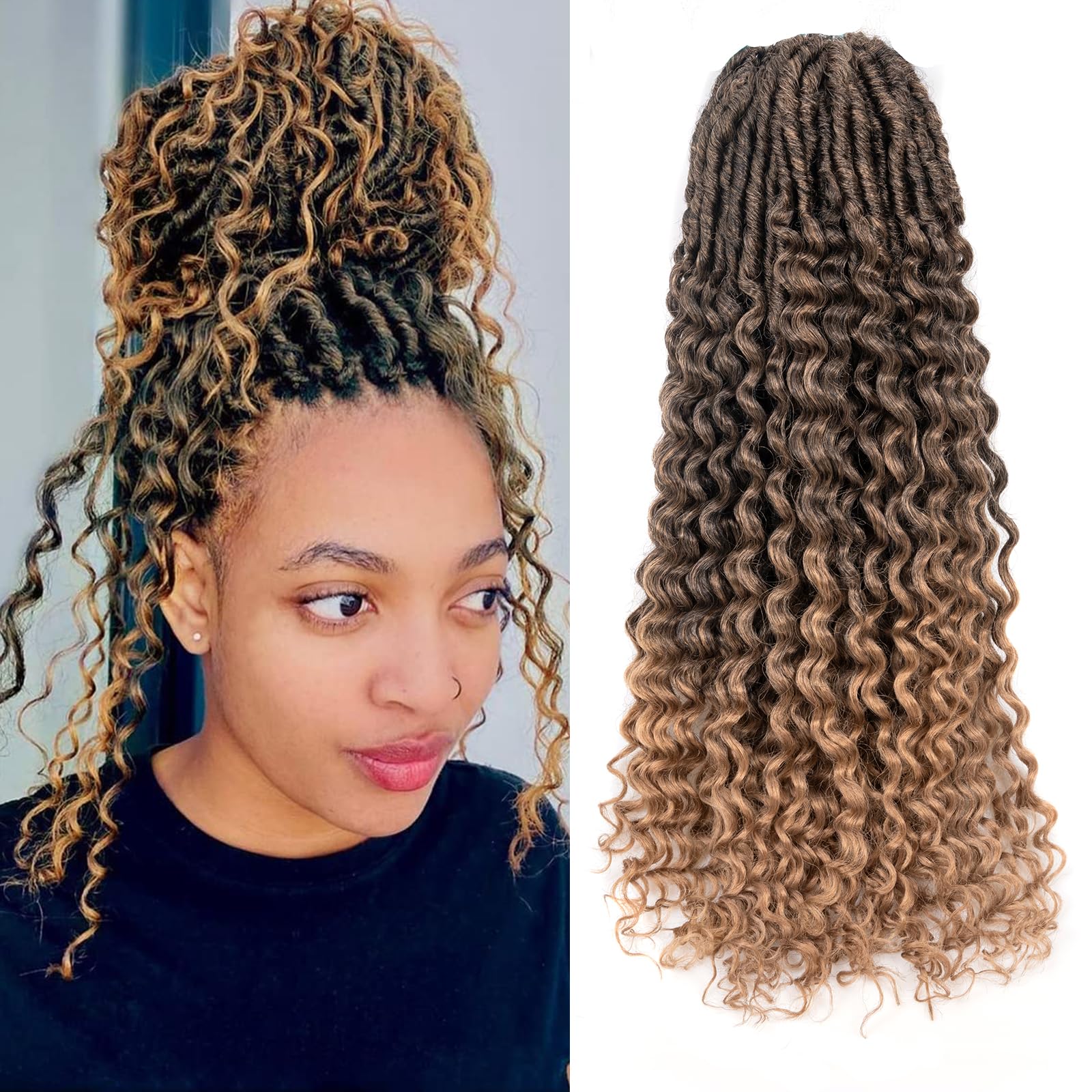 ( US ONLY) FAST SHIPPING DTL | Toyotress Deep Wave Locs Crochet Hair - Curly Faux Locs Crochet Hair, Ombre Brown Ocean Wave Locs Pre-Looped Short Soft Locs Braiding Hair