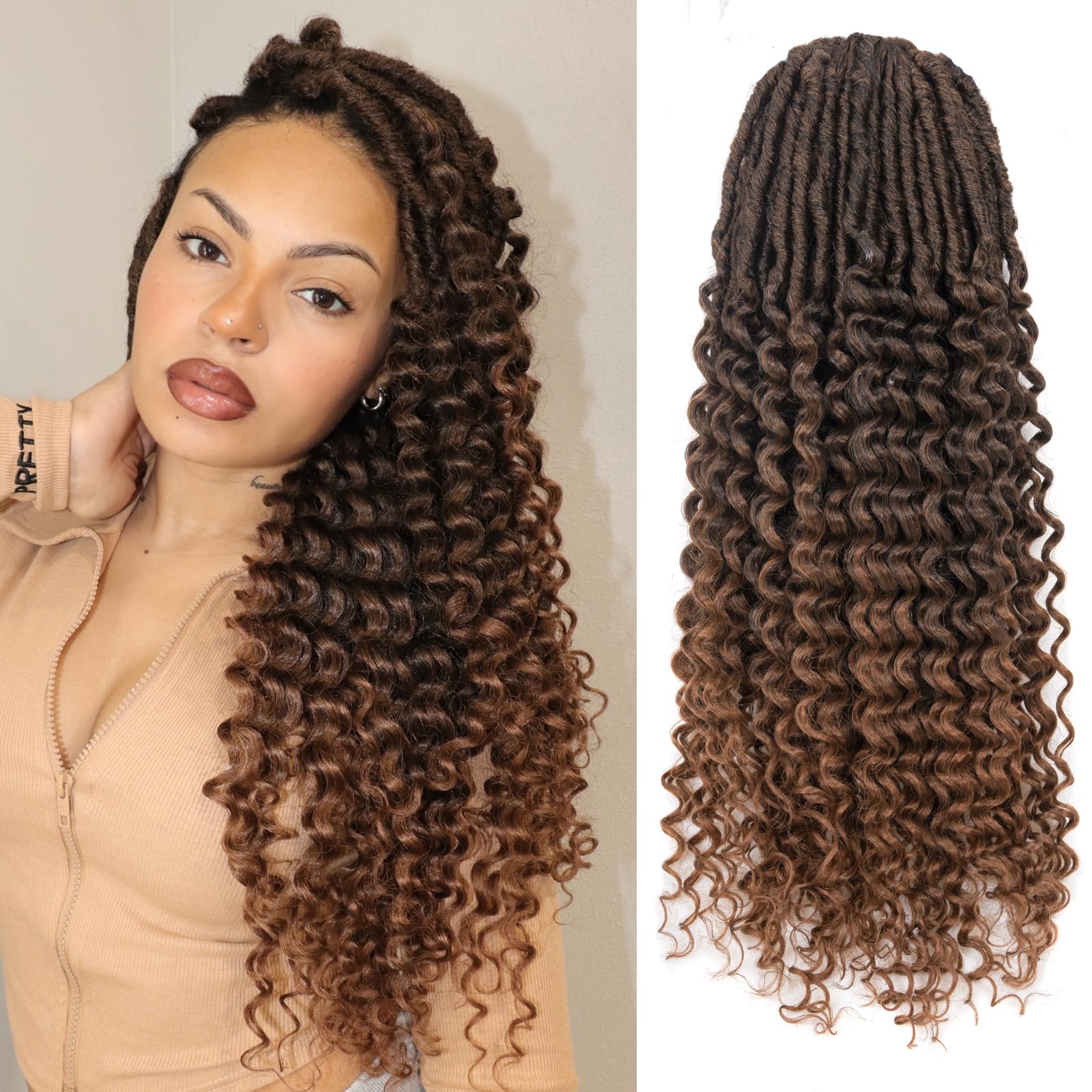 ( US ONLY) FAST SHIPPING DTL | Toyotress Deep Wave Locs Crochet Hair - Curly Faux Locs Crochet Hair, Ombre Brown Ocean Wave Locs Pre-Looped Short Soft Locs Braiding Hair