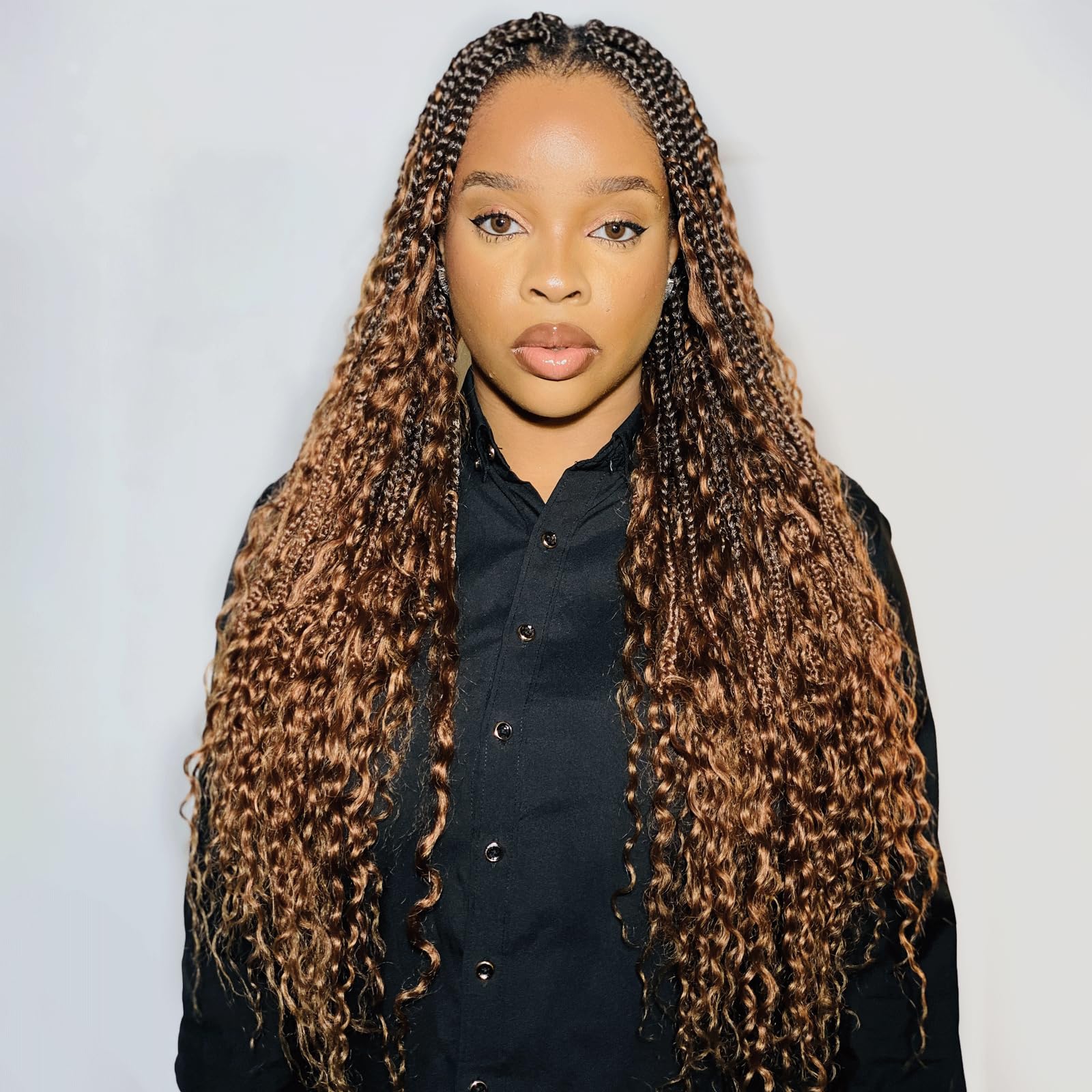 ( US ONLY) FAST SHIPPING HB | Toyotress Boho Box Braids With Human Hair Curls - Handmade Pre-Looped Crochet Human Hair Boho Box Braids, Ombre Brown CrochetBraids Braiding Hair (96 Strands In All)