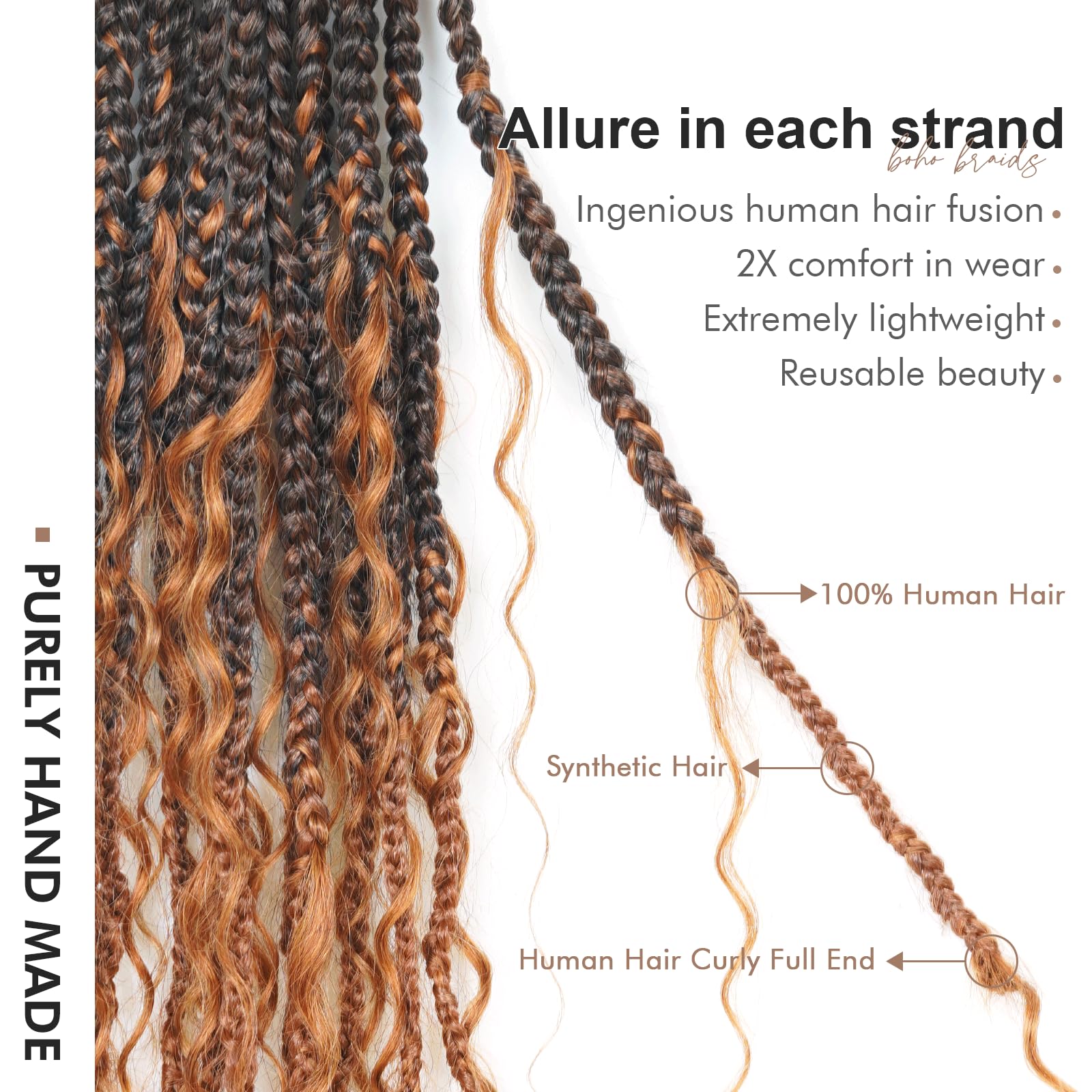 ( US ONLY) FAST SHIPPING HB | Toyotress Boho Box Braids With Human Hair Curls - Handmade Pre-Looped Crochet Human Hair Boho Box Braids, Ombre Brown CrochetBraids Braiding Hair (96 Strands In All)