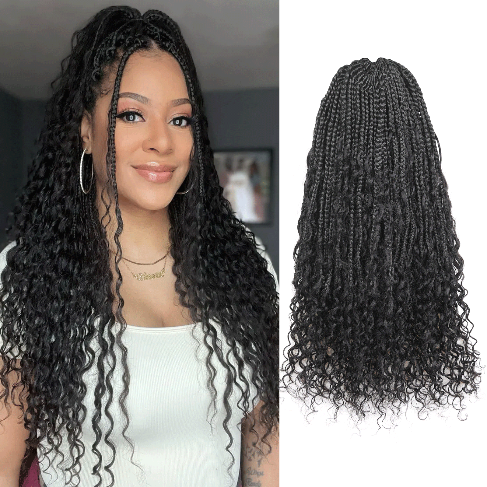 Toyotress Crochet Boho Box Braids with Human Hair Curls 8 Packs, Women