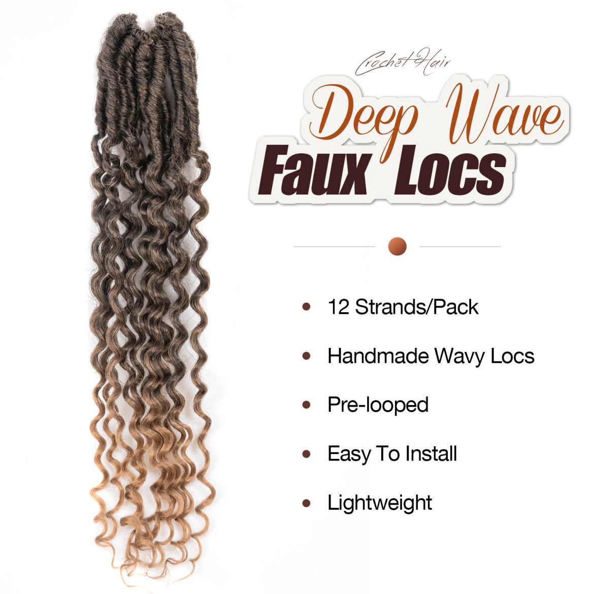 Toyotress Deep Wave Locs Crochet Hair Curly Faux Locs Crochet Hair, Ombre Brown Ocean Wave Locs Pre-Looped Short Soft Locs Braiding Hair