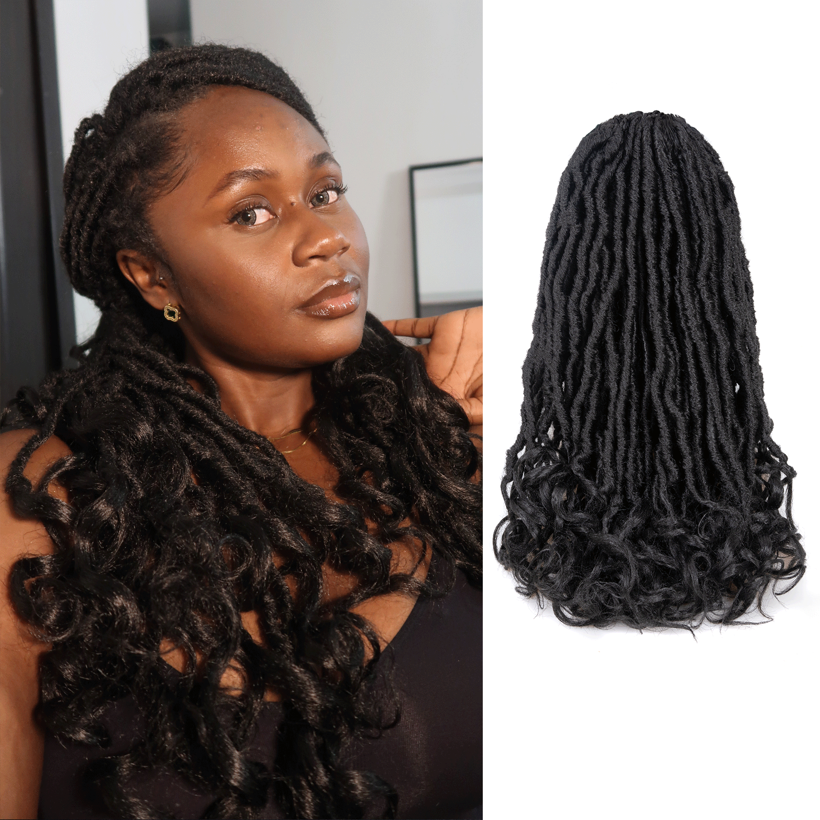 ( US ONLY) FAST SHIPPING FC | Toyotress French Curl Locs Crochet Hair Curly Faux Locs 8 Packs Black Pre-Looped Crochet Hair with Curly ends Crochet Hair with Soft Curly Wave Ends Hair Extensions